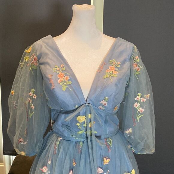 Women’s Blue Prom Party Dress Embroidered Flowers Butterflies Corset Back Size 4 - Picture 3 of 14